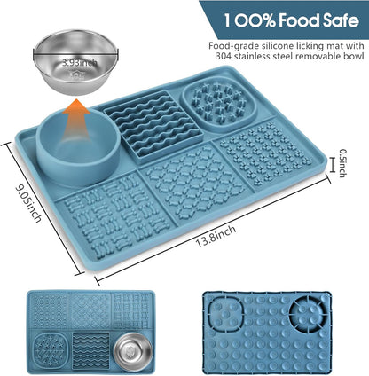 Dog Lick Mat for Small Dogs Cats, 13.8 x 9 Inches Silicone Slow Feeder Dog Licking Mat with Bowls, Peanut Butter Feeding Mat for Anxiety Relief, Reduce Boredom, Improve Eating Habit (Blue)