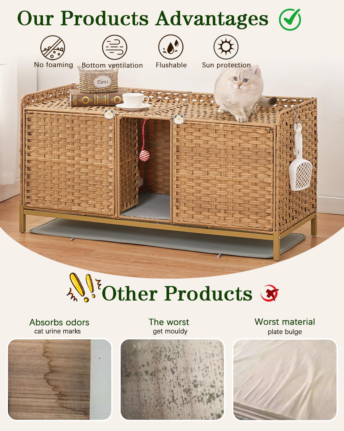 Cat Litter Box Enclosure for 2 Cats, Hidden Litter Box Furniture with Mat, Large Rattan Cat House with Double Room and Door, 47.3 L x 19.7 W x 24 H, 2 S-Shaped Hooks for Living Room Natural