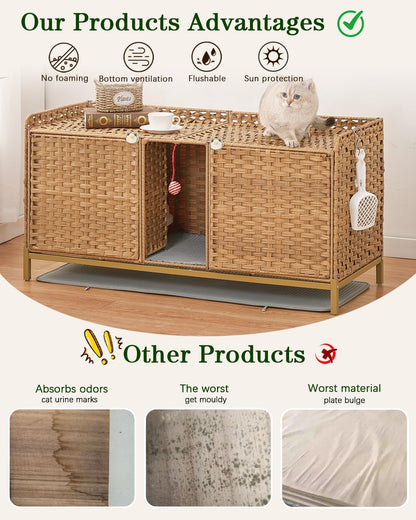 Cat Litter Box Enclosure for 2 Cats, Hidden Litter Box Furniture with Mat, Large Rattan Cat House with Double Room and Door, 47.3 L x 19.7 W x 24 H, 2 S-Shaped Hooks for Living Room Natural