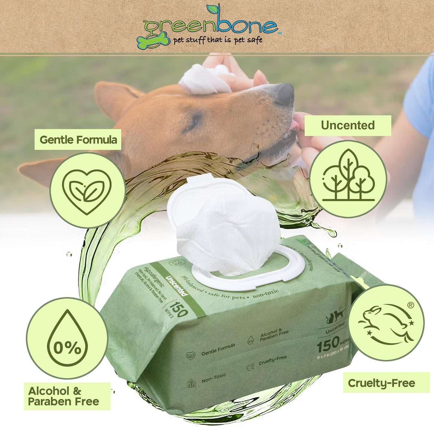 Greenbone Gentle Pet Wipes Unscented 150 Wipes