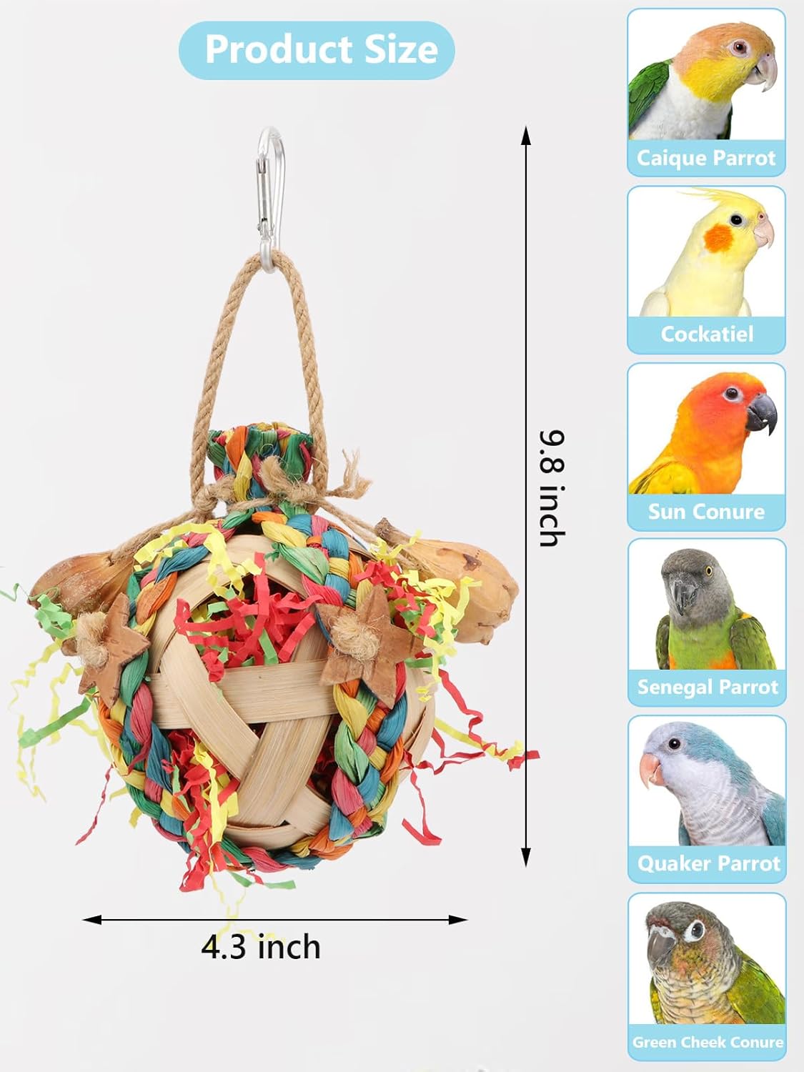 Wontee Bird Toys Colorful Shredding Crinkles Foraging Toys Natural Dried Fruits Chew for Cockatiels Conures Parakeets Budgies Senegal (1 Pack)