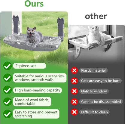 Cat Window Perch, Glow in The Dark Foldable Cat Hammock with Sunken Design & Removable Soft Cover, Breathable Cordless with Soft Edging Window Bed for Resting Indoor Kitten (Star Grey, 2 Pack)