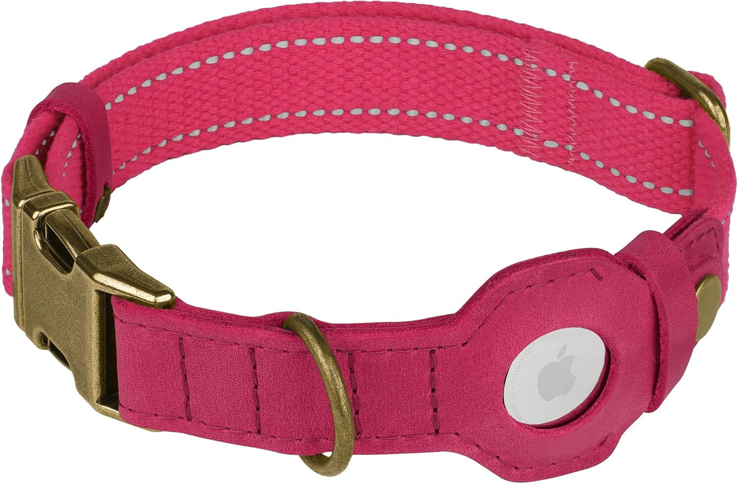 Reflective Leather Dog Collar with AirTag Holder - Soft Apple Airtag Dog Collar with Metal Buckle - Safety Cotton Pet Collars for Dogs Small Large Dogs Puppy (Pink, XS, 9"-12")