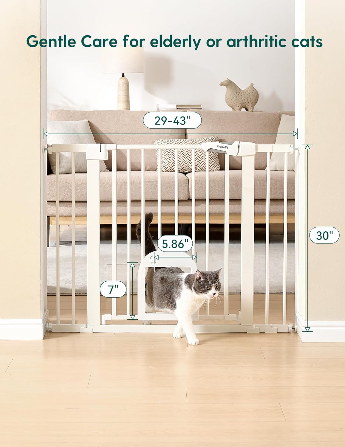 Babelio Baby Gate with Adjustable Cat Door,29-43" Auto Close Durable Pet door for Stairs,Doorways and House,Pressure Mounted,Easy Install,Effortless Walk Thru,White