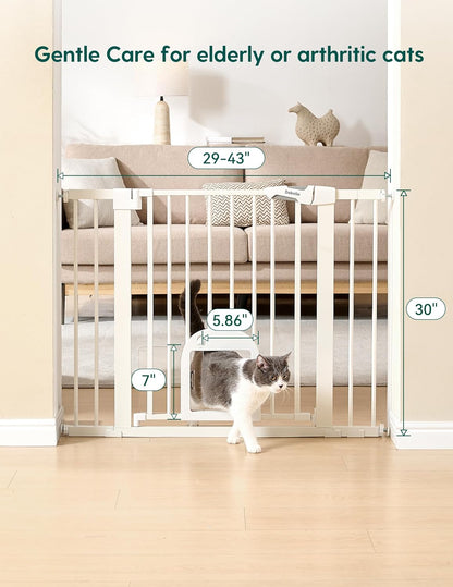 Babelio Baby Gate with Adjustable Cat Door,29-43" Auto Close Durable Pet door for Stairs,Doorways and House,Pressure Mounted,Easy Install,Effortless Walk Thru,White