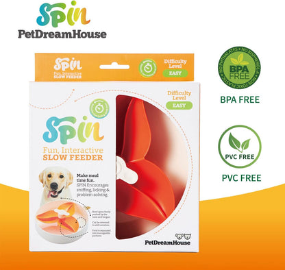 PetDreamHouse Spin Slow Feeder Bowl for Dogs, Interactive Moving Center Piece, Bougainvillea Design Orange, Level = Easy