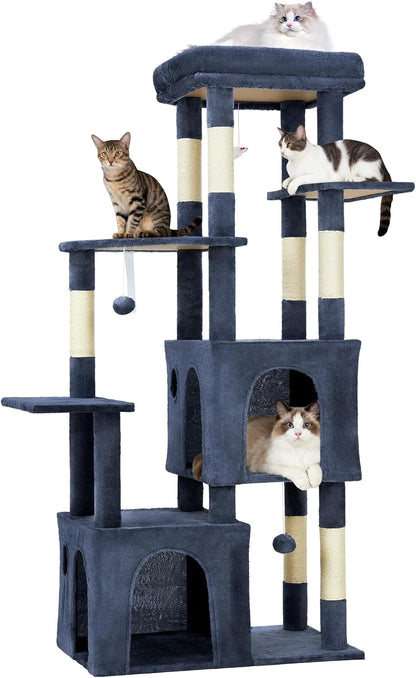 GarveeLife 61" Multi-Level Cat Tree for Indoor Cats, Heavy-Duty Tower for Large Adult & Maine Coon Cats with Oversized Perch, Dual Condos, Natural Sisal Scratching Posts & Play Toys – Blue