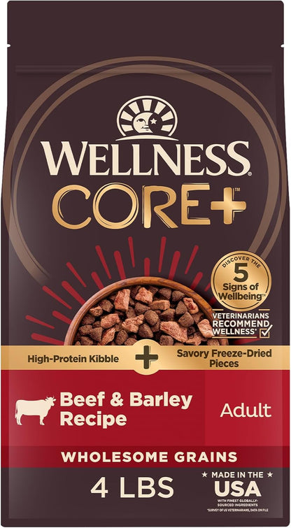 Wellness CORE+ Dry Dog Food with Freeze Dried Pieces, Wholesome Grains, High Protein, Natural, Beef & Barley Recipe, (4-Pound Bag)