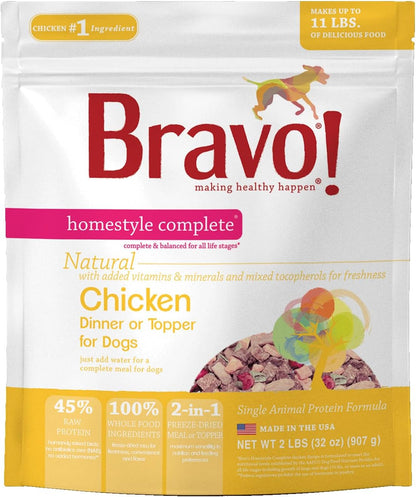 Bravo! Homestyle Complete Freeze Dried Raw Dog Food or Topper, Chicken, 2 Pounds, Add Water to Rehydrate for up to 9 Pounds of Food, Grain Free, Gluten Free