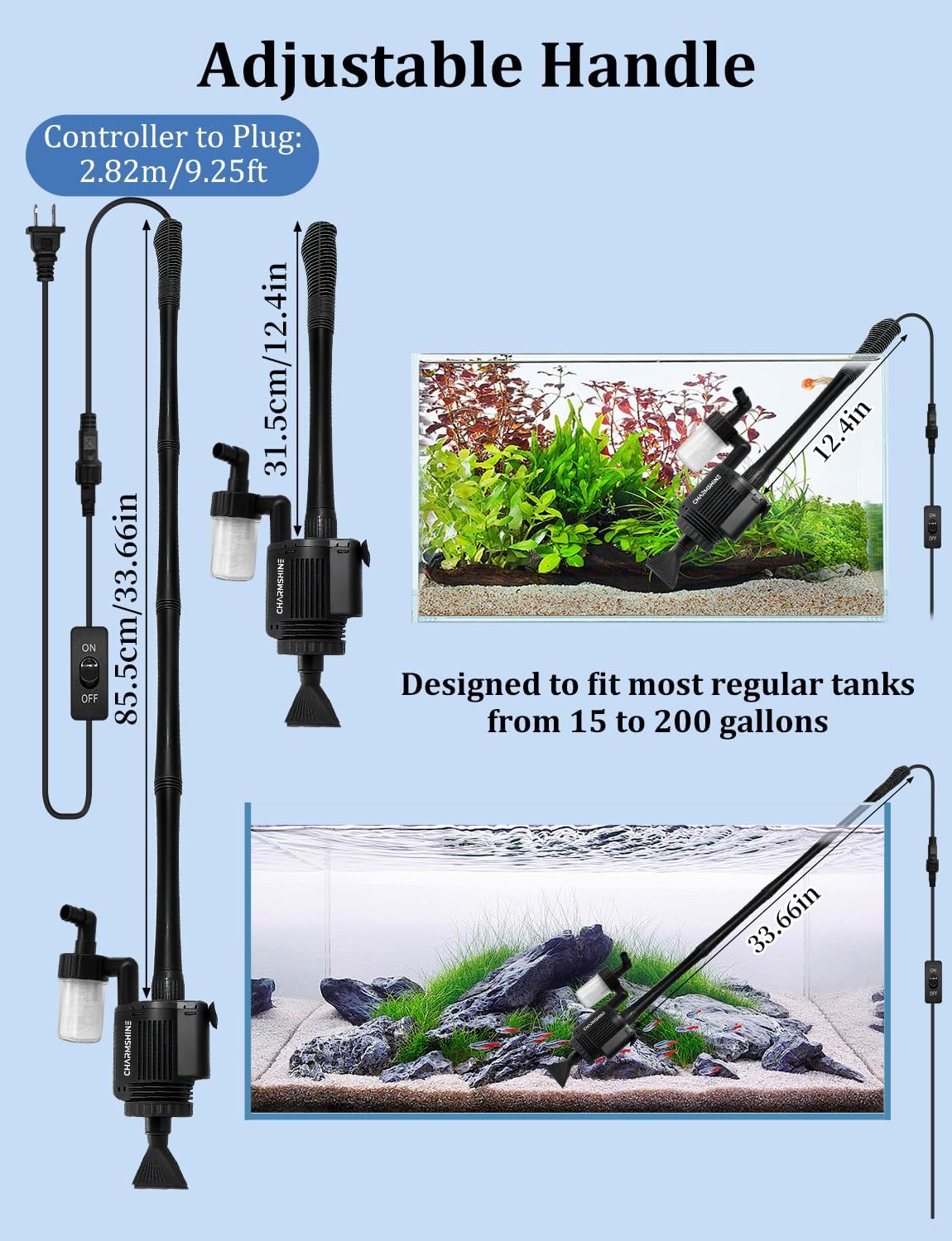 Electric Aquarium Gravel Cleaner [2025Edition] Removable Fish Tank Vacuum Water Changer Gravel Cleaner for Aquarium Freshwater Saltwater Tanks (with Filter Cup and Hose Clamp)