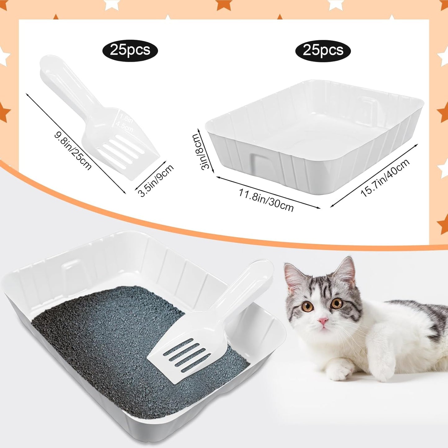 Bokon 50 Pcs 25 Set Disposable Litter Boxes for Cats with Scoop Plastic Cat Litter Tray Large Kitten Pan for Kitty Rabbit Guinea Pig Hamster Pets Supplies Travel Home Toilet, 15.7 x 11.8 x 3'' (White)