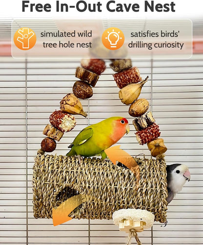 Bird Nest for Cage with Natural Chewing Toys, Hanging Bird Tunnel Bed with Sturdy Metal Frame & Handwoven Breathable Seagrass, Small Parakeet Bed for Lovebird, Canary, Budgie Rest & Chew & Play