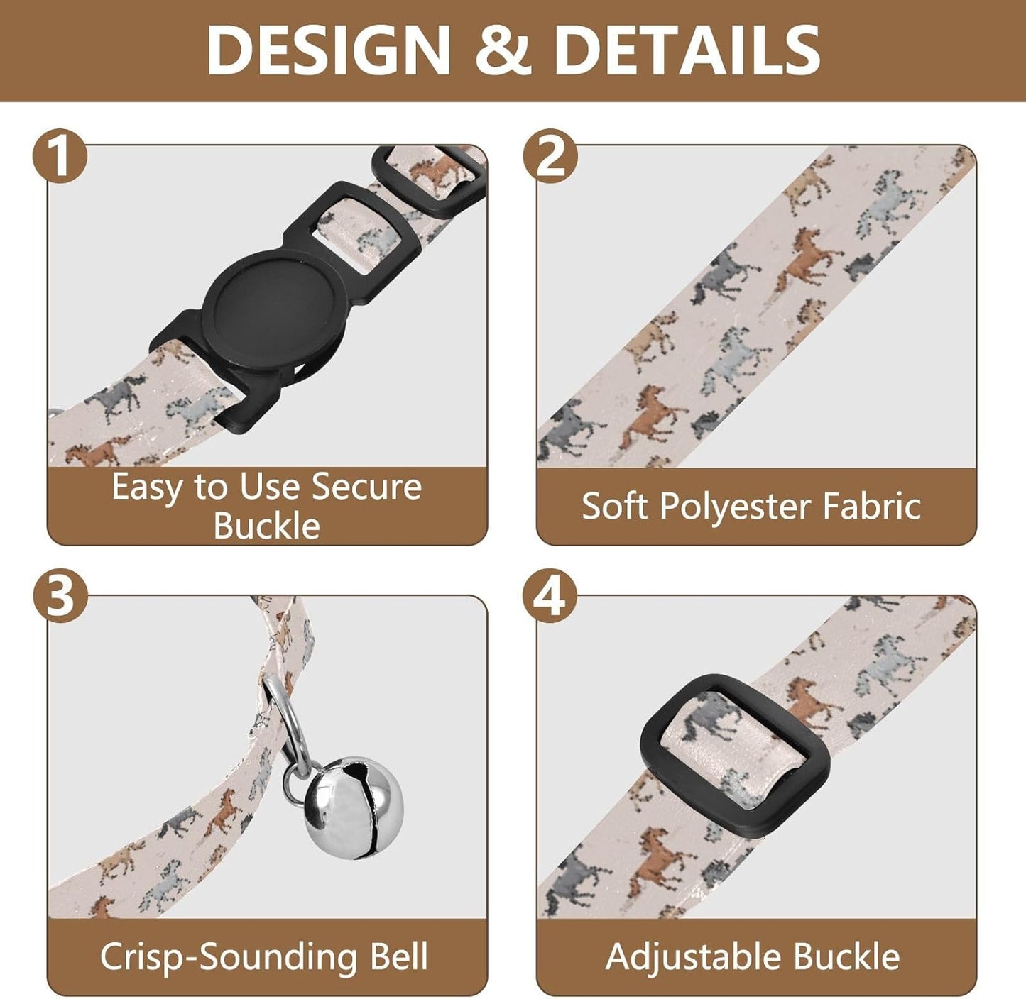 Horses Animals Beige Pattern Dog Collar with Buckle Adjustable 2 Pack Pet Puppy Collar for Small Dogs Cats