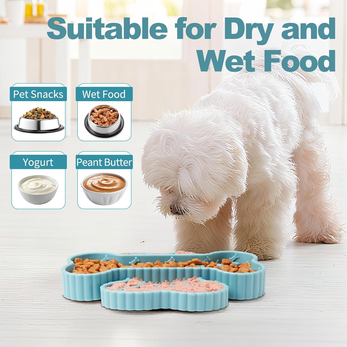 2 in 1 Slow Feeder Dog Bowls, Lick Mat for Dogs with Suction Cups, Dry and Wet Interactive Dog Puzzle Feeder Bowls for Anxiety Relief, Silicone Dogs Feeding Mat Pad Dish for Slow Down Eating