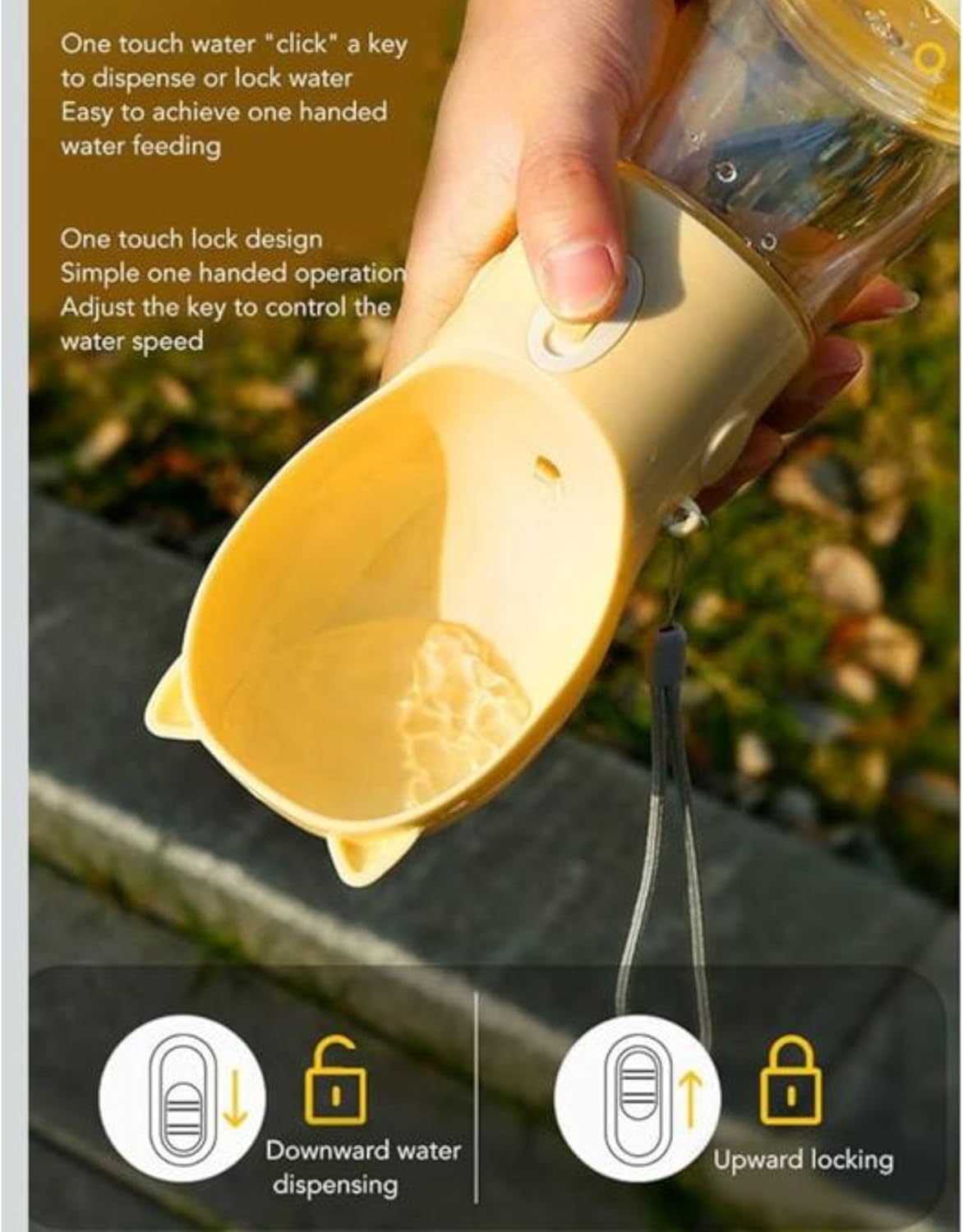 Dog Water Bottle Dispenser - 380 ML Yellow- Leak-Proof Lock & One-Hand Operation - Dog Water Bowl Dispenser - Pet Travel Bottle with Built-in Bowl,