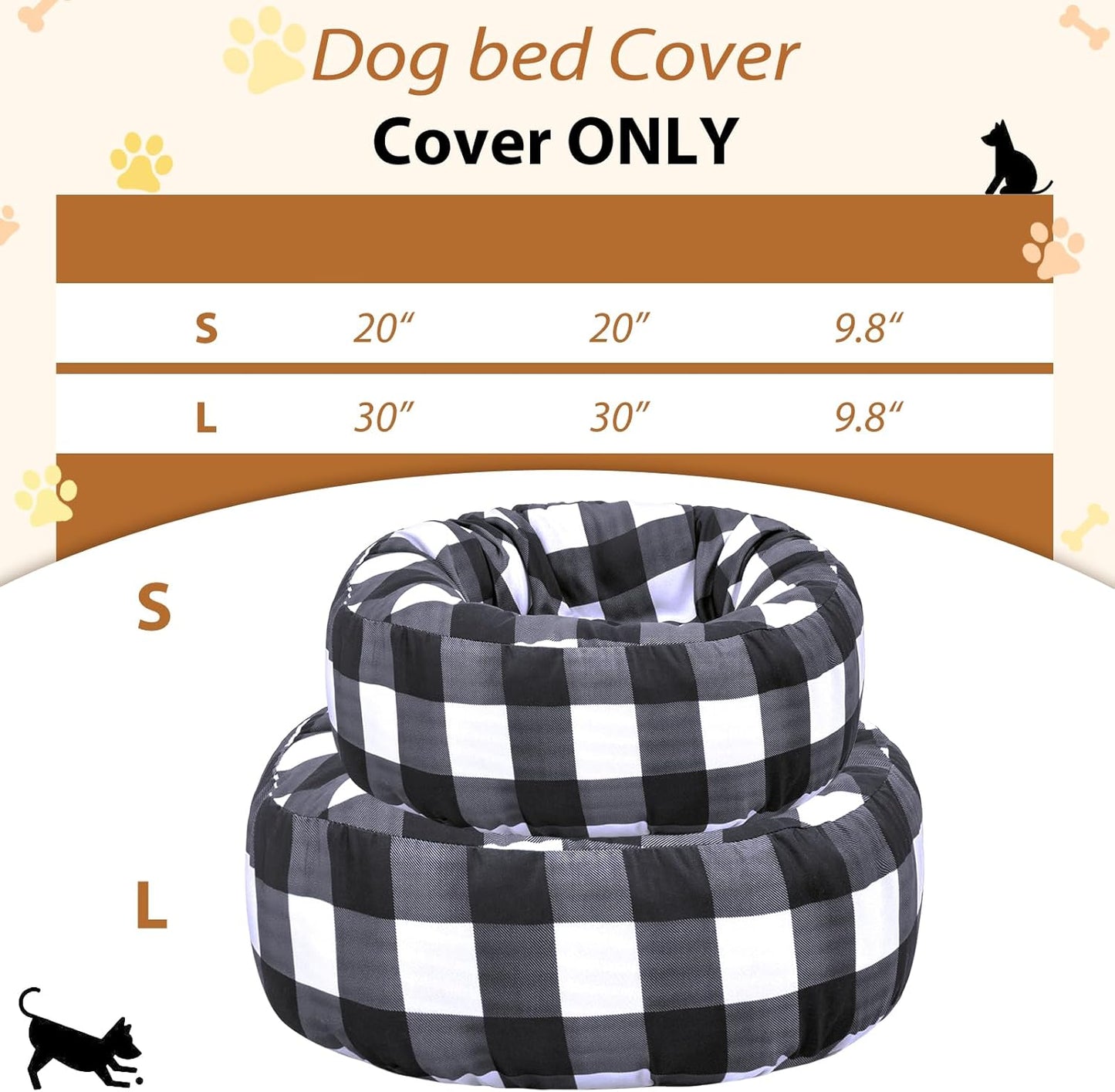 Round Dog Bed Cover Washable Elastic Edged Pet Bed Protector with Black Lattice Pattern Design for Medium & Small Pet Beds, Cover Only (Lattice, 30×9.8 Inch)