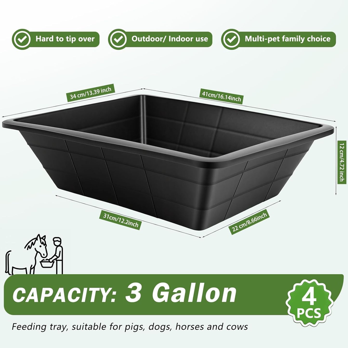 4Pcs Rubber Feed Pan, 3 Gallon Durable Rubber Feed Pan Chicken Dust Bath Livestock Water Bowl for Pig Goat Chicken Dogs Farm Small Animal