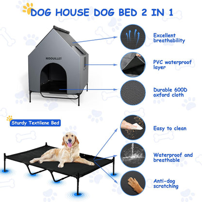 48" Dog House for Outdoor Indoor, X-Large Dog Houses Weatherproof 600D PVC with 8.5" H Textilene Elevated Dog Bed Breathable, Easy to Clean, Dog House Max 200lbs