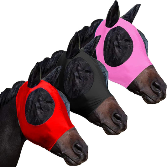Fly Masks for Horses with Ears Set of 3, Comfort Fit Stretchy Fabric with UV Protection Soft on Skin Breathability for Average Size Horses (Red-Black-Pink, Large)