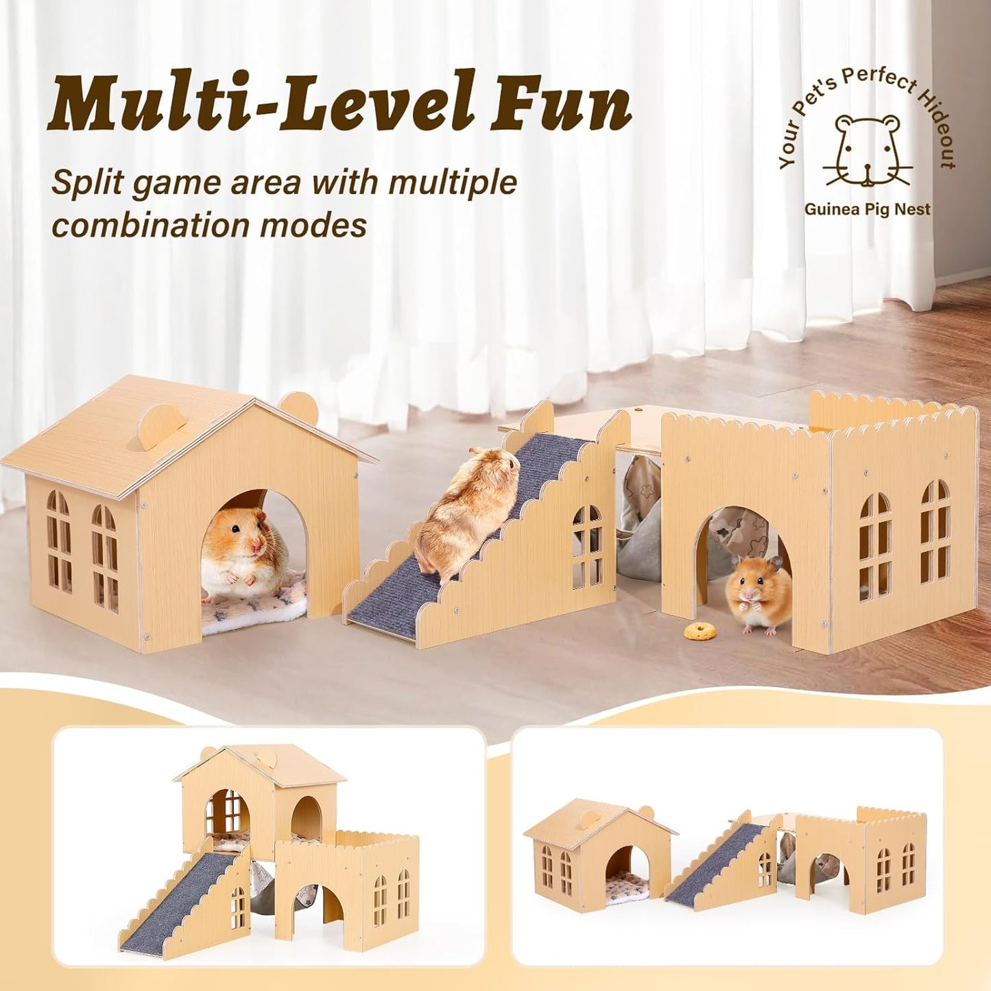 Guinea Pig Hideout with Hammock & Ramp – Multi-Level Wooden Small Animal House for Hamsters, Rabbits, Chinchillas | Easy Assembly Guinea Pig Cages