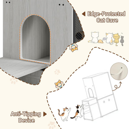 Cat Litter Box Enclosure, Double Layer Enclosed Litter Box Furniture with Door, Cat House with Ladder, White