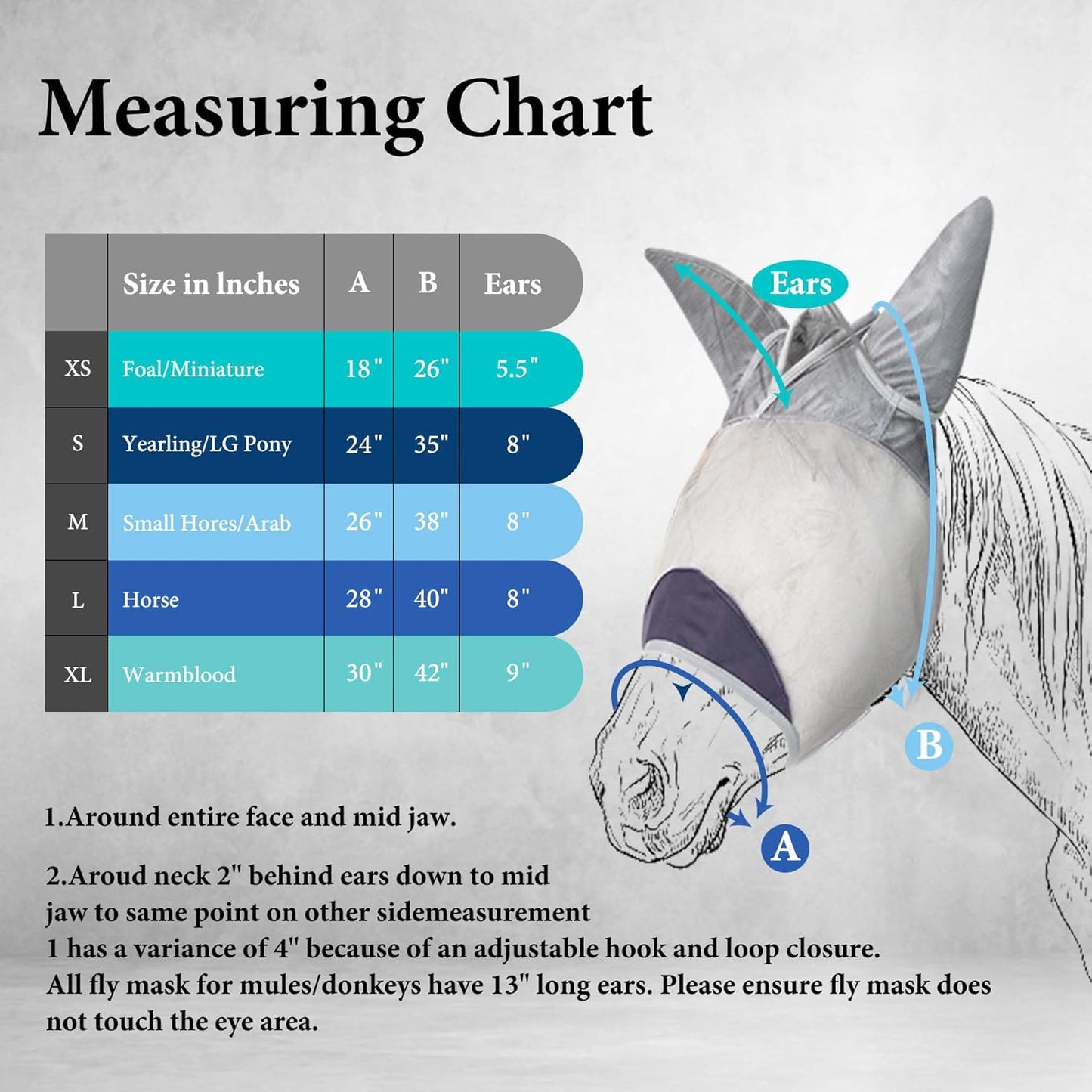 Horse Fly Mask, Super Comfort Fly Masks for Horses, Adjustable UV Protection Breathability Horses Fly Masks with Ears, Pony Mini Equine Fly Mask for Miniature Foal Draft Cob Srabian Full (Gray, L)