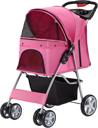 Pet Stroller, 4 Wheels Pet Strolling Cart for Medium/Small Dogs and Cats, Foldable Cat Jogger/Dog Stroller with Cup Holder, Storage Basket, Breathable Mesh, All-Season Pet Carrier, Pink
