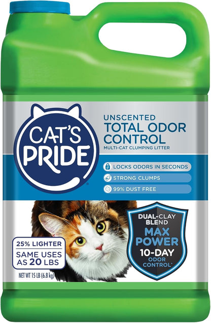 Cat's Pride Max Power: Total Odor Control - Up to 10 Days of Powerful Odor Control - Strong Clumping - Hypoallergenic - 99% Dust Free - Multi-Cat Litter, Unscented, 15 Pounds