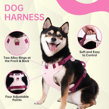 No Pull Dog Harness Leash and Collar Set, Soft Adjustable Dogs Vest Reflective and Comfortable Handle Pink Large