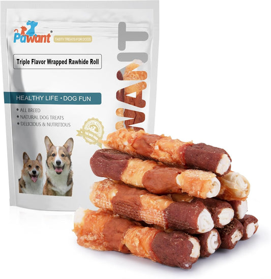 Dog Treats Triple Flavor Rolls - Chicken Liver, Beef, Chicken Wrapped Rawhide Rolls for Medium and Large Dogs Training Snacks 454g