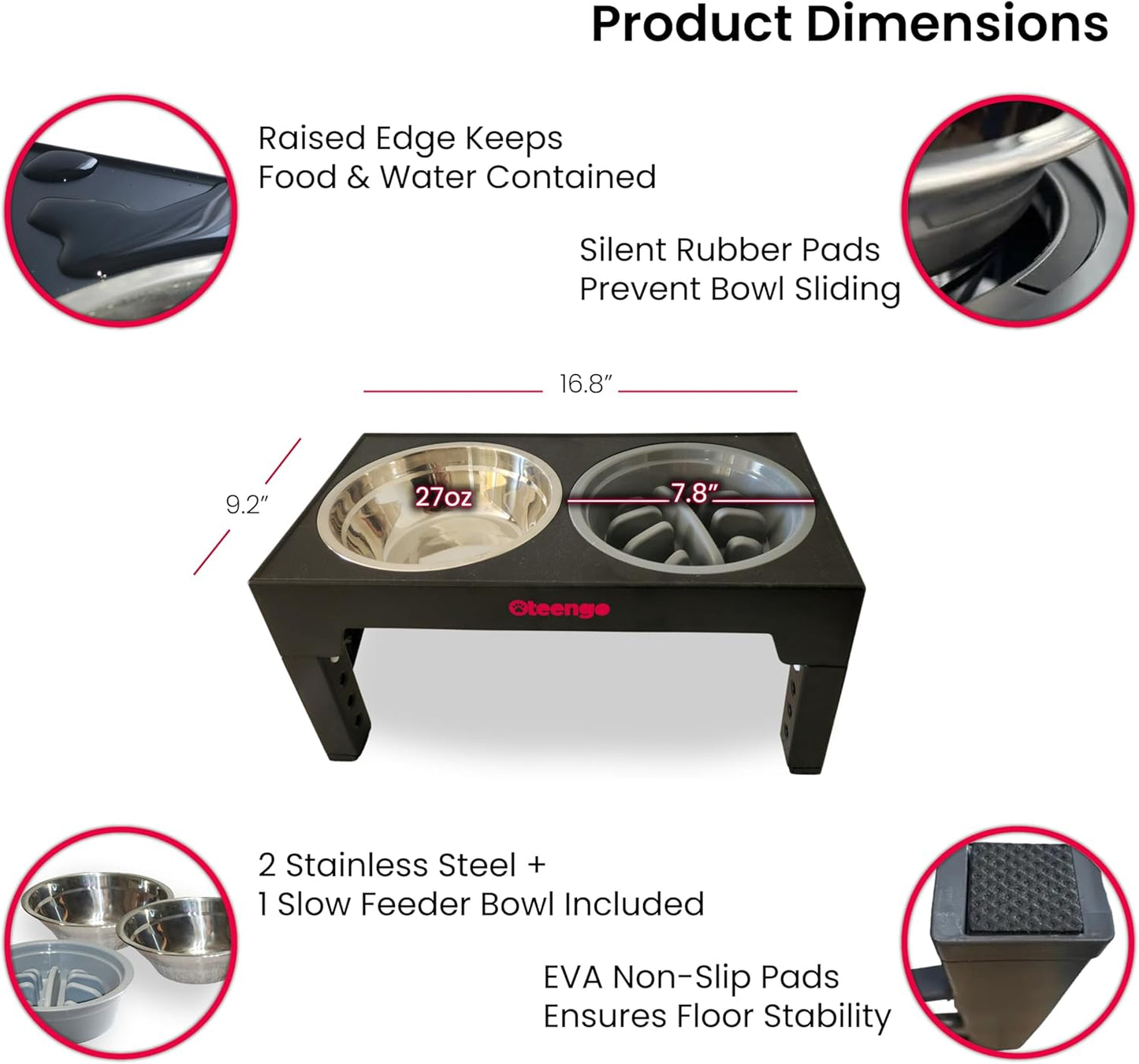 5-Tier Elevated Dog Bowls, Feeding Station Holder with 2 Stainless Steel +1 Slow Feeder Bowls Elevated, Water & Food Bowl Stand, Raised Dog Bowl Stand for Medium Size, Small & Large Breed