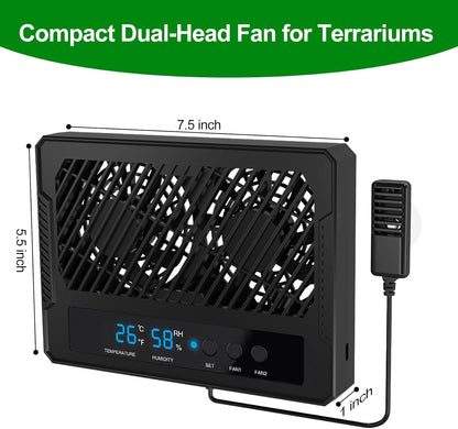 Reptile Dual-Head Temperature & Humidity Fan – Quiet Automatic Climate Control with Digital Display for Terrariums, Reptiles & Amphibians