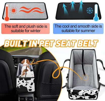 Portable Dog Car Seat for Small Dogs - Adjustable Safety Leash, Washable Cushion & Storage Pocket - Pet Booster Seat for Car Travel- Cow Pattern