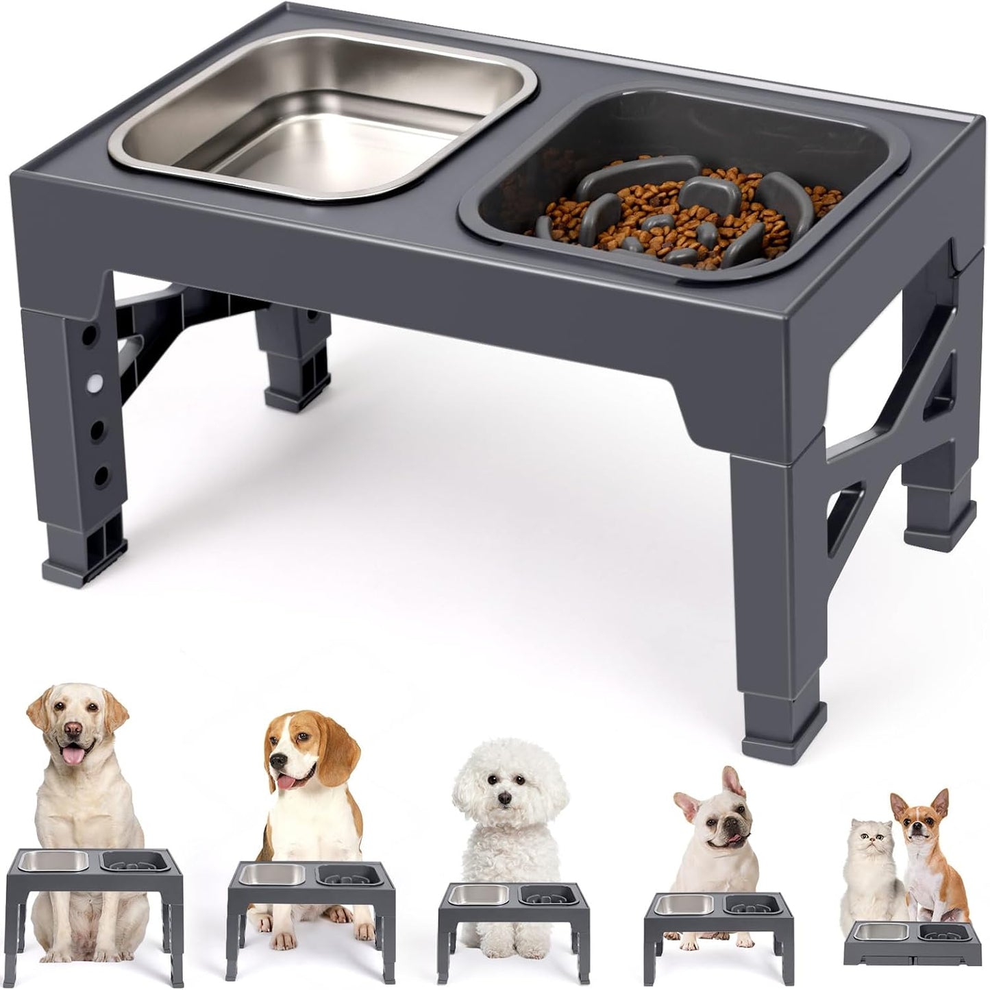 Niubya Elevated Dog Bowls, with Slow Feeder Bowl and Stainless Steel Dog Food Bowl, Raised Dog Bowls Adjusts to 5 Heights (3.15", 8.66", 9.84",11.02", 12.2") for Small Medium and Large Dogs