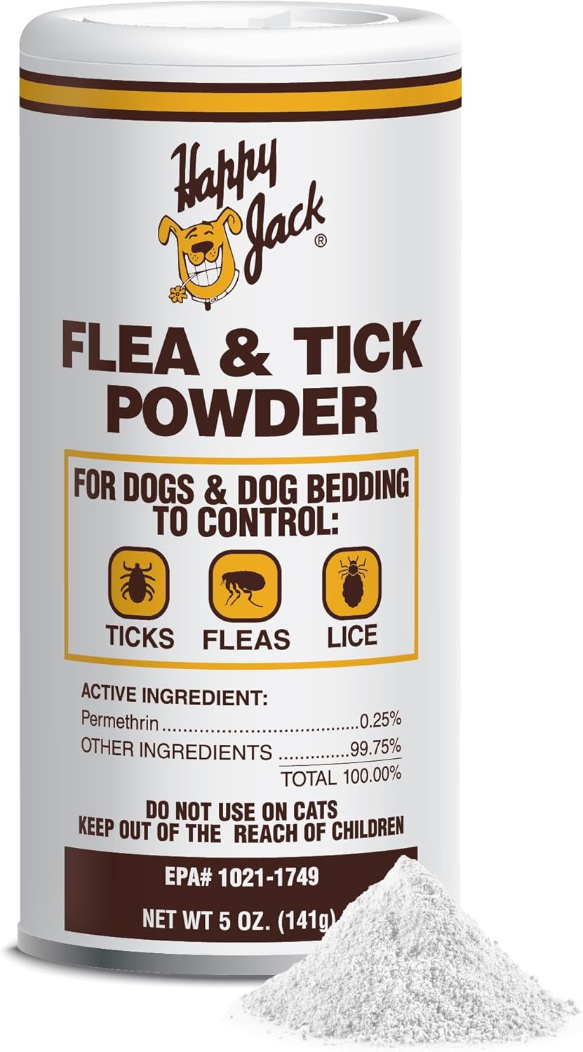 Happy Jack Flea and Tick Powder for Dogs & Puppies, Flea Powder for Flea Treatment & Control, Kills Pests, Ticks & Lice, Odorless & Non-Staining, Dust on Sleeping Quarters & Dogs (5 oz)