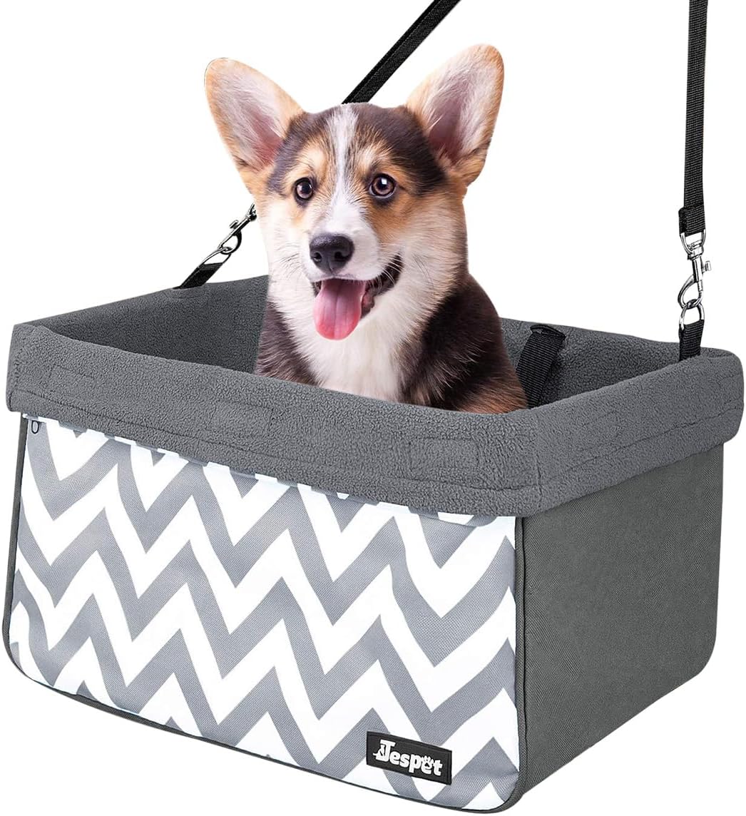 JESPET & GOOPAWS: Pet Safety Booster Car Seat - Grey Stripe -Small Dogs & Cats Up to 24lbs, Cozy Fleece Lined Bed, Collapsible Portable Travel Carrier