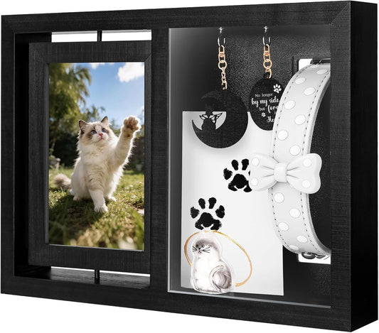 Dog & Cat 3-IN-1 Memorial Wooden Picture Frame Set, Lost Pet Sympathy Gifts with 360° Rotation Wooden Picture Frame for Two 4"x6" Photos, Pet Memory Gifts for Dog/Cat Passing