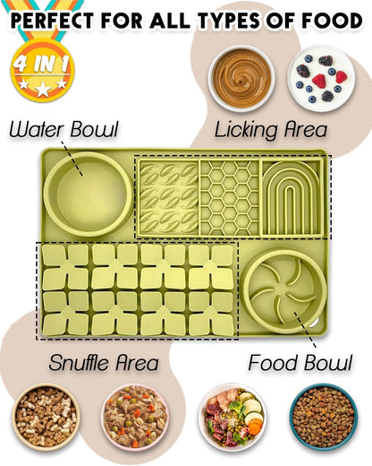 4-in-1 Silicone Snuffle Mat for Dogs, Dog Slow Feeder Bowl & Lick Mat with Suction Cups, Dog Puzzle Feeder Toy Sniff Mat for Smell Training Slow Eating Keeping Busy, Green