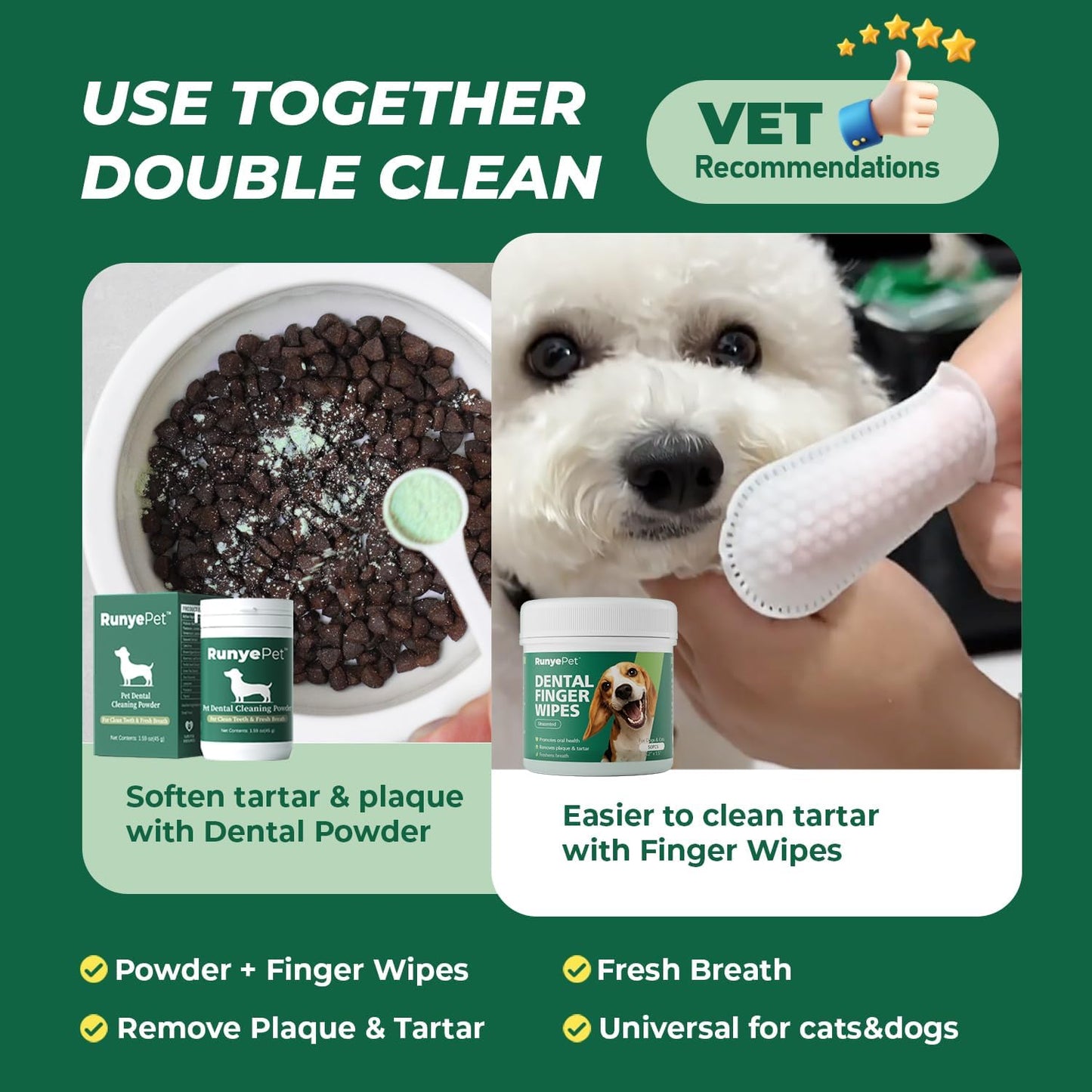Pet Dental Finger Wipes for Dog & Cats, Remove Bad Breath by Removing Plaque and Tartar Buildup No-Rinse Dog Finger Toothbrush, Disposable Gentle Cleaning & Gum Care Pet Wipes, 50 Counts