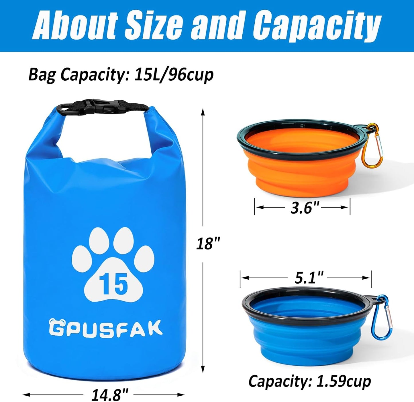Zip Roll Top Pet Food Storage Bag with Travel Bowl(96 Cup) - Dog Food Travel Bag Waterproof Kibble Container for Camping Road Trips Dog Boarding Weekend Getaways Machine Washable 15L Blue