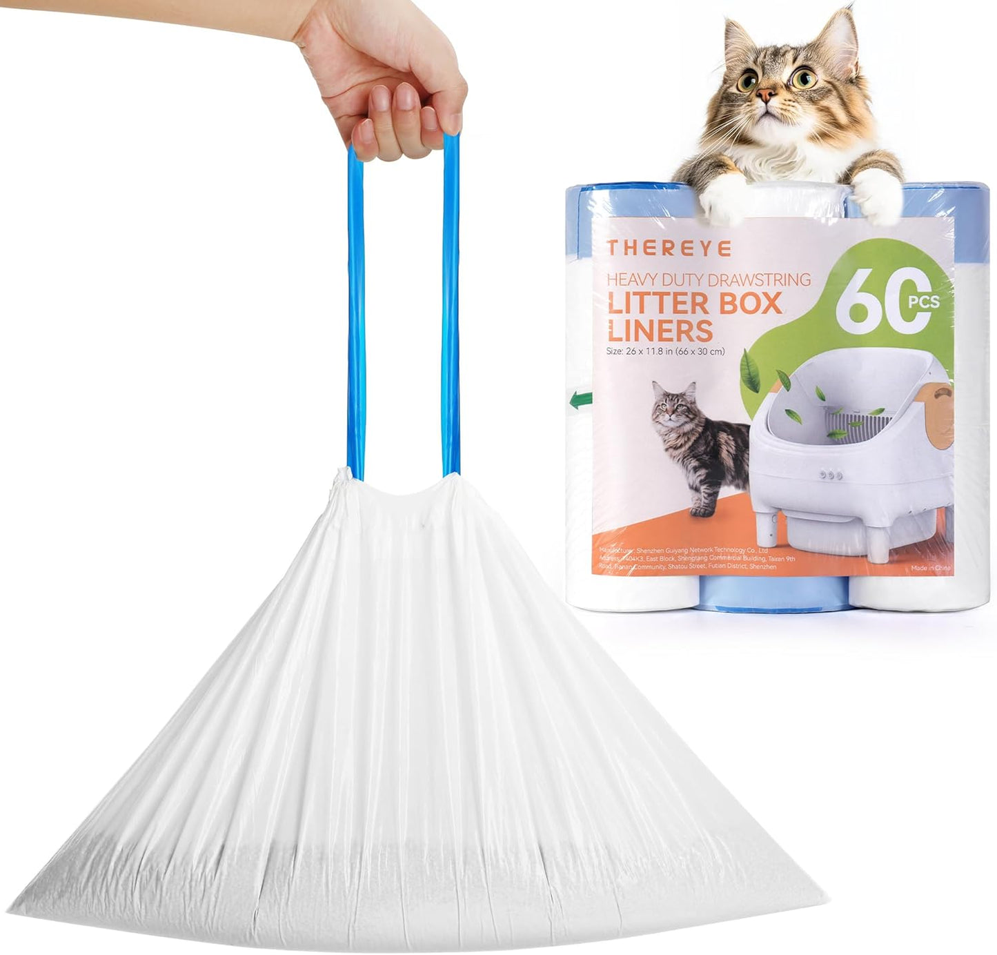 60 Pack Cat Litter Liner, Waste Cat Litter Bags for Thereye SC06 Automatic Litter Box, Drawstring Heavy-Duty Liners, Leak-Resistant, Large 26" × 11.8"