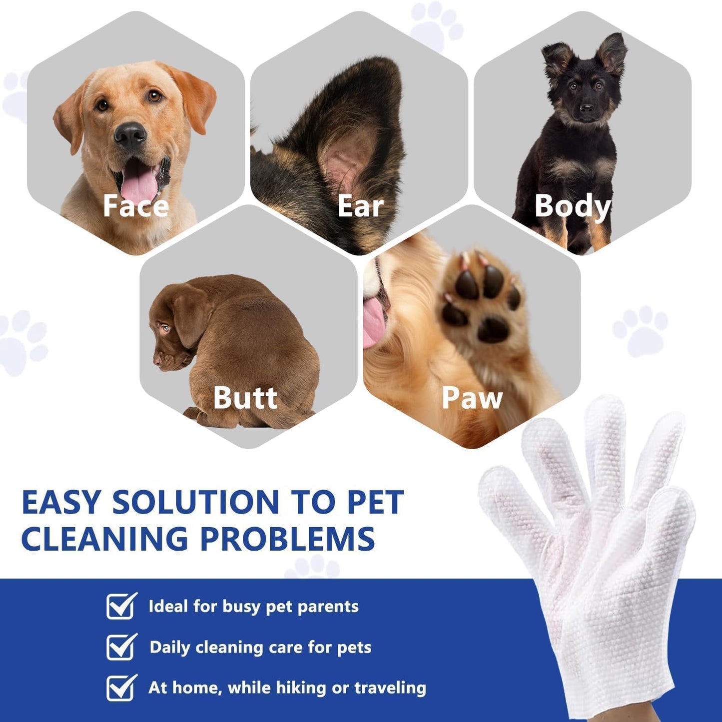 HONGYEE【4 Packs/24 Sheets Pet Thick Glove Wipes, Disposable Pet Cleaning Wipes, Odorless and Fragrance-Free, Suitable for Daily Care, Cleaning, and Grooming of Dogs and Cats
