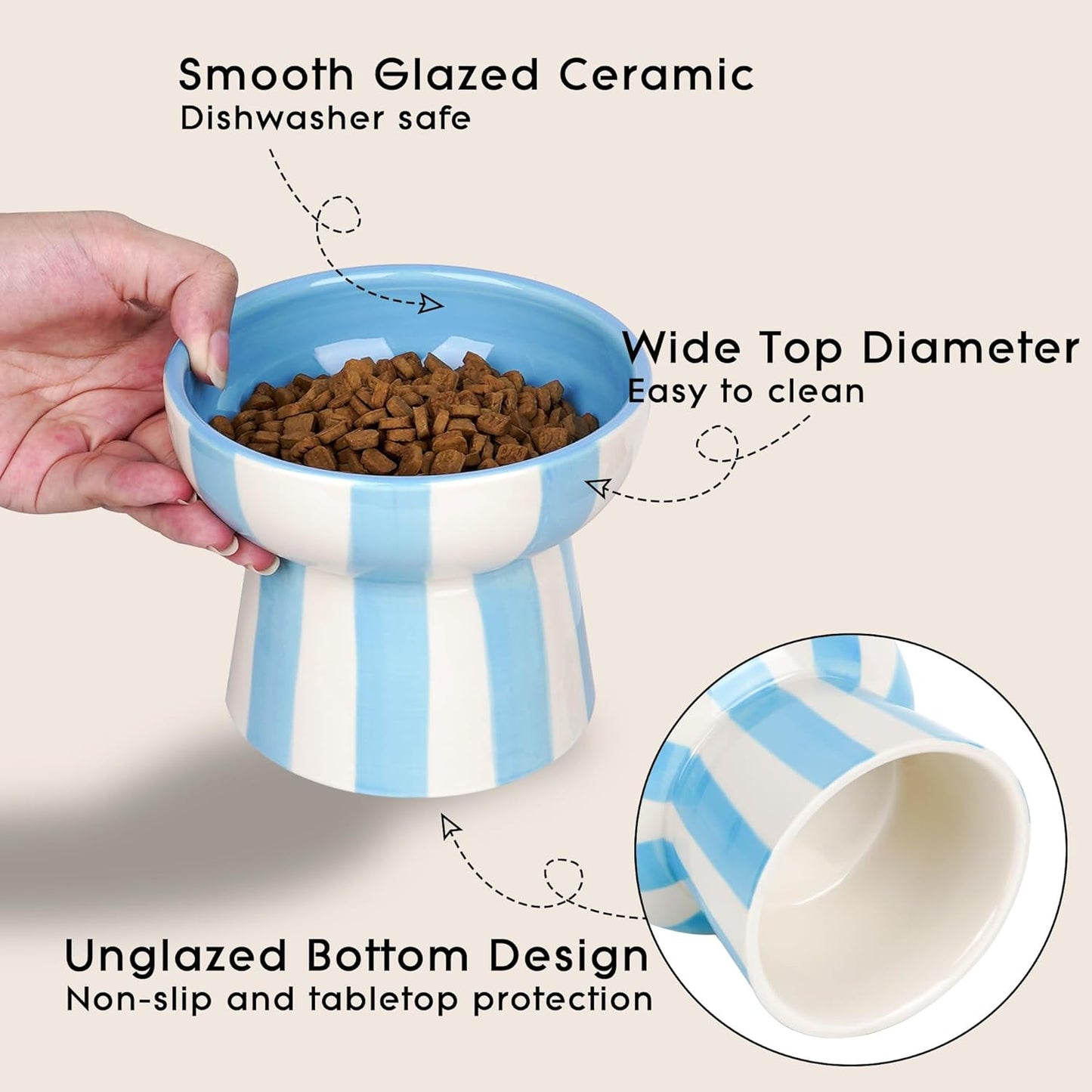 Raised Cat Bowl - Blue Striped Elevated Ceramic Food and Water Dish, Wide Shallow Design for Whisker Fatigue Relief, Dishwasher Safe