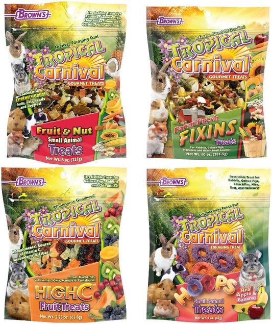 Tropical Carnival Brown's Gourmet Small Animal Treat Bundle | Rabbits, Guinea Pigs, Hamsters, Gerbils, Chinchillas, Pet Mice. Four Varieties