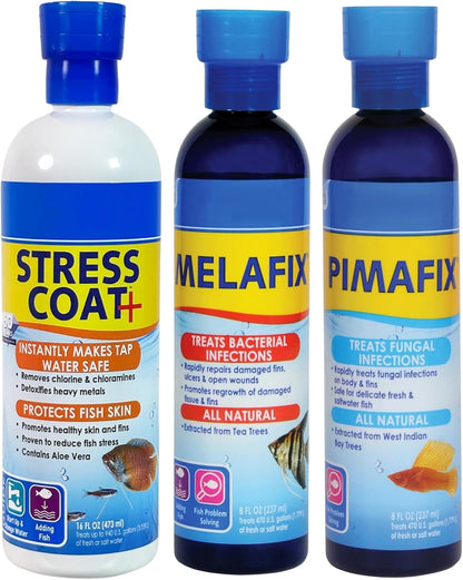 Aquarium Care Kit with MeIafix 8 oz, PlMAFlX 8 oz, Stress Coat 16 oz, and Trinity Treats Microfiber Cleaning Cloth for Freshwater Fish Tank Maintenance