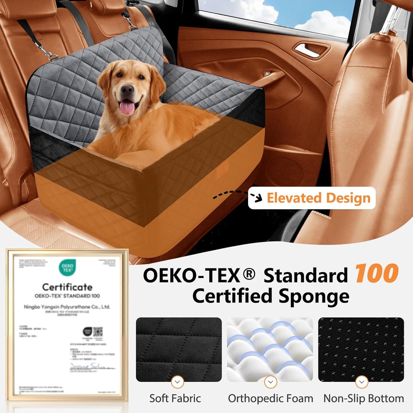 Dog Car Seat for Medium Dogs up to 55 lbs or 2 Small Dogs, Booster Car Seat with 4" Egg-Crate Foam, Detachable & Washable Cover (Black/Grey)