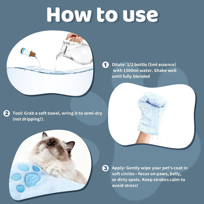 Concentrated Waterless Shampoo with Grooming Glove, No-Rinse & Lick-Safe Essence for Steam Brushes, Gentle Care for Cats/Kittens/Seniors, Manage Shedding & Freshness
