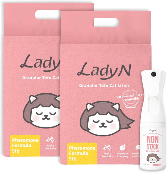 New Cat Home Set – Attractant Granular Tofu Cat Litter 18lb (Mini-Pellet) & Non-Stick Spray for Automatic Boxes | Strong Clumping, Low Dust, Easy Cleanup