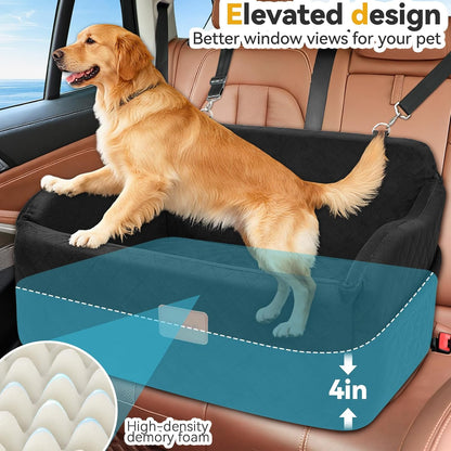 Dog Car Seat for Medium/Large Dogs, Memory Foam Pet Booster Seat for Under 55 lbs or 2 Small Dogs, Detachable Washable Dog Car Bed for Backseat with 2 Safety Leashes and Pockets(Black, Large)