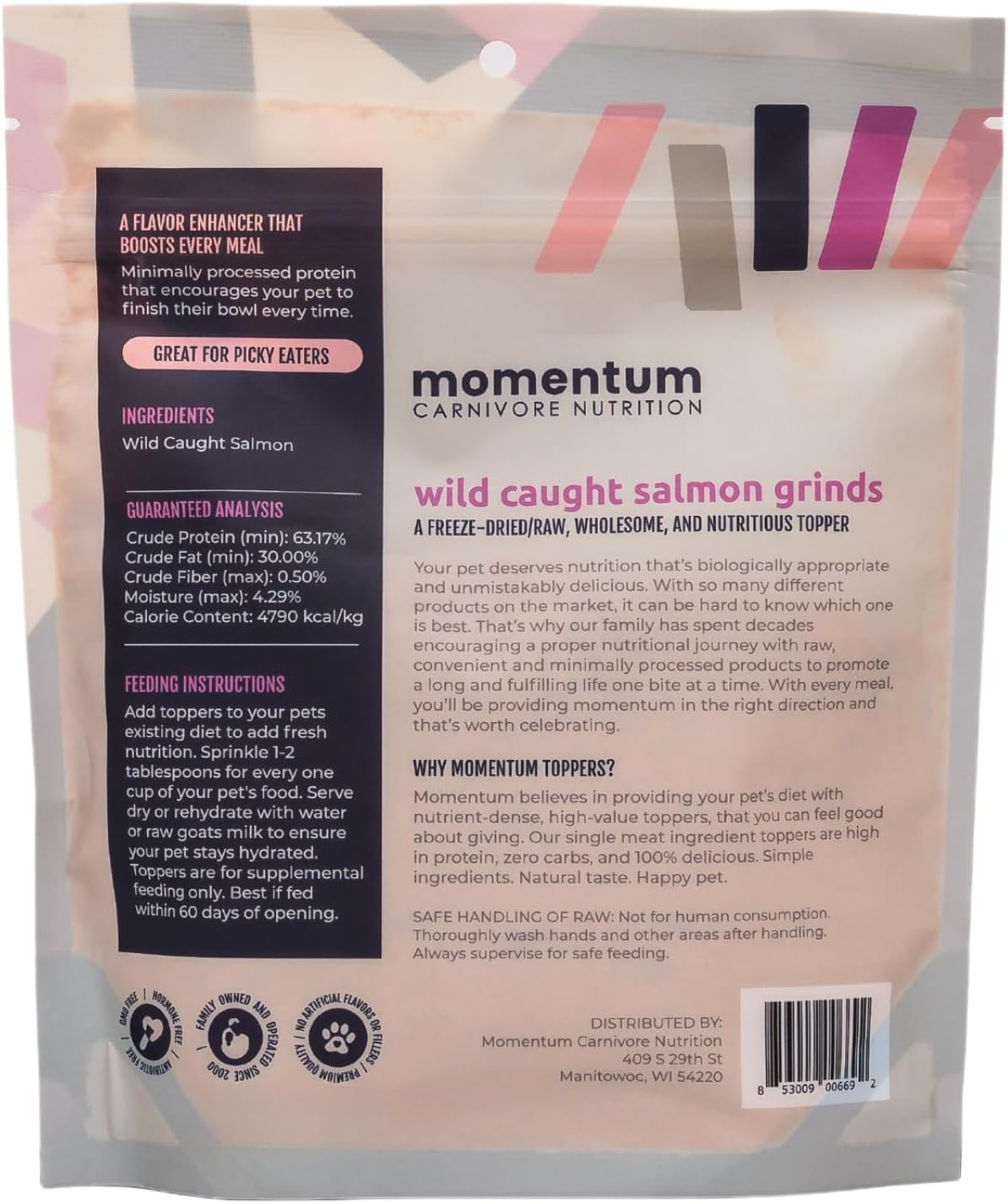 Momentum Carnivore Nutrition Freeze-Dried Wild-Caught Salmon Pet Food Topper – Single-Ingredient, All-Natural Topper – High-Protein for Dogs and Cats, Grain-Free and Made in The USA– (3.75 oz Bag)